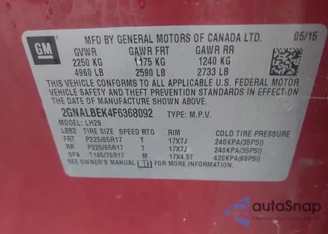 2015 Chevrolet Equinox 1Lt z USA, uszkodzony, nr VIN 2GNALBEK4F6368092